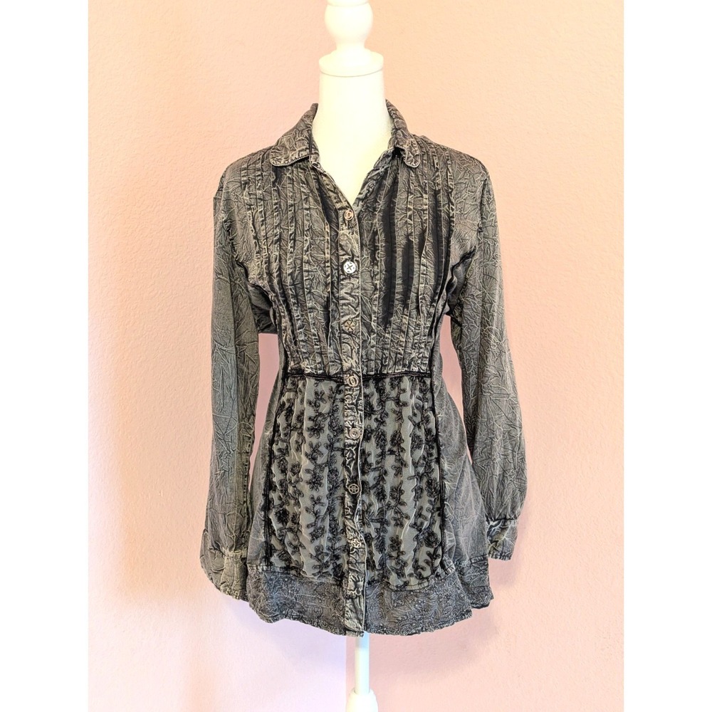 Parsley‎ & Sage Textured Tunic Embroidered Mesh Boho Gray Black XL